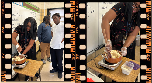 Dr. O showing students how to mix the pounded yams.